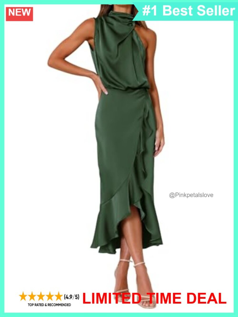 Satin Mock Neck Sleeveless Midi Dress Wedding Guest Cocktail Party